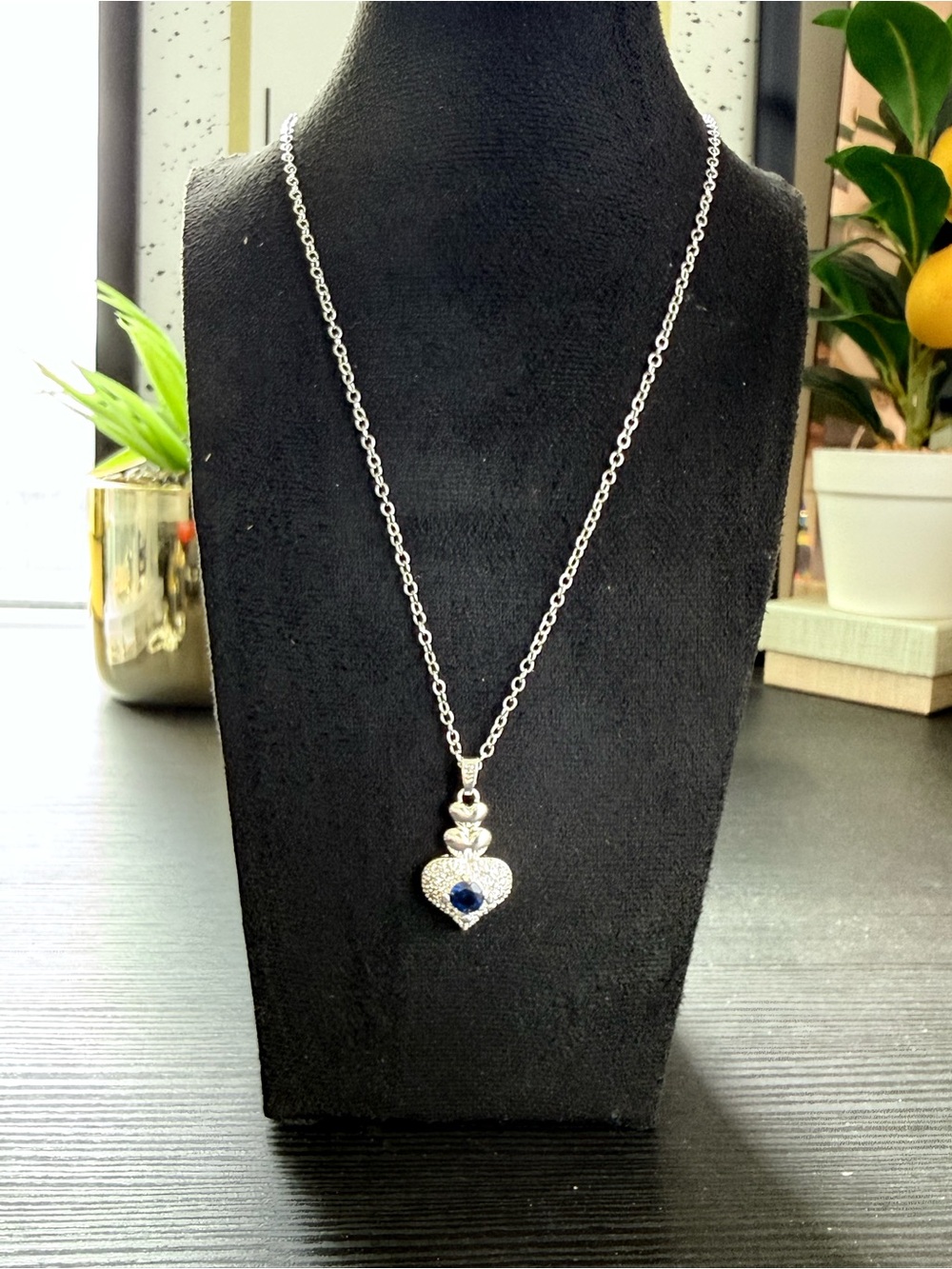 925 Sterling Silver Heart Pendant Necklace with Blue Stone